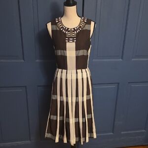 NWOT Maeve Brown Tan Black Plaid Pleated Midi Dress w Beaded Neckline Sz 4